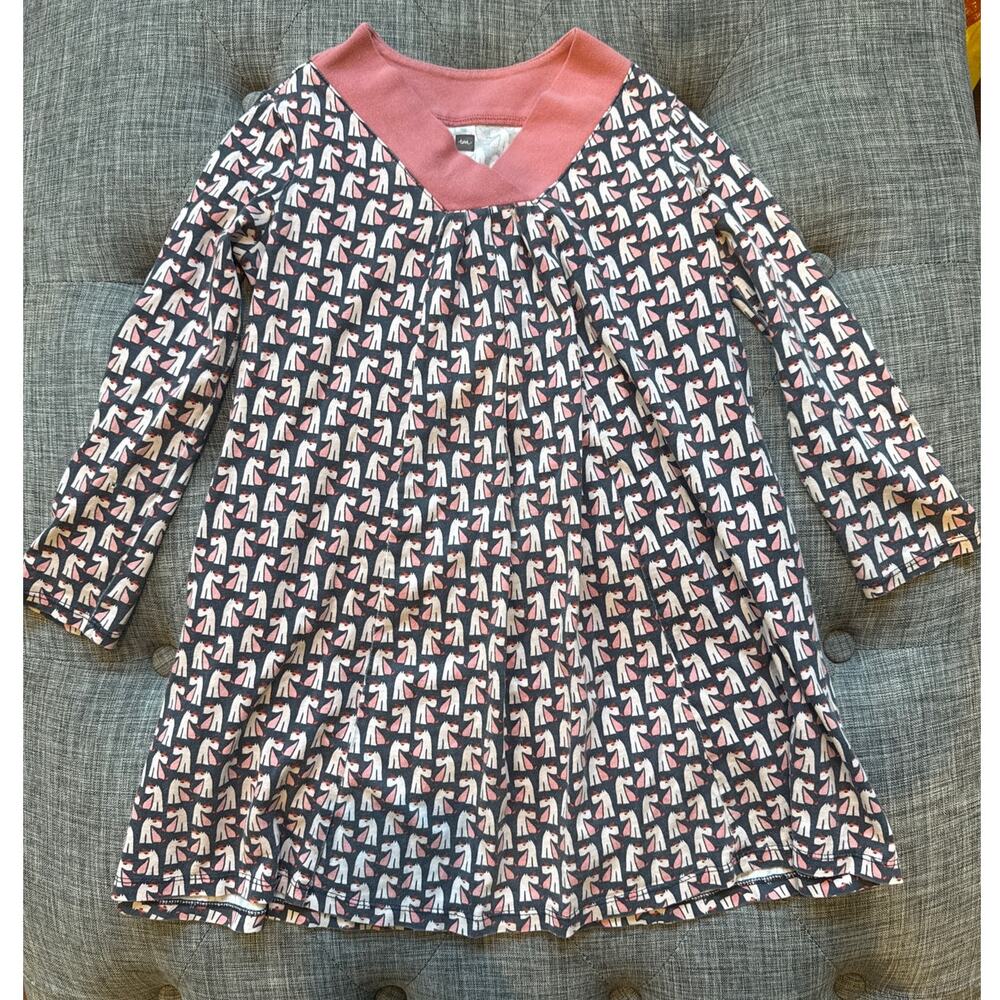 Tea Collection Girls Dress Scottie Dog Pleated Trapeze Pink Gray Girls Size 7